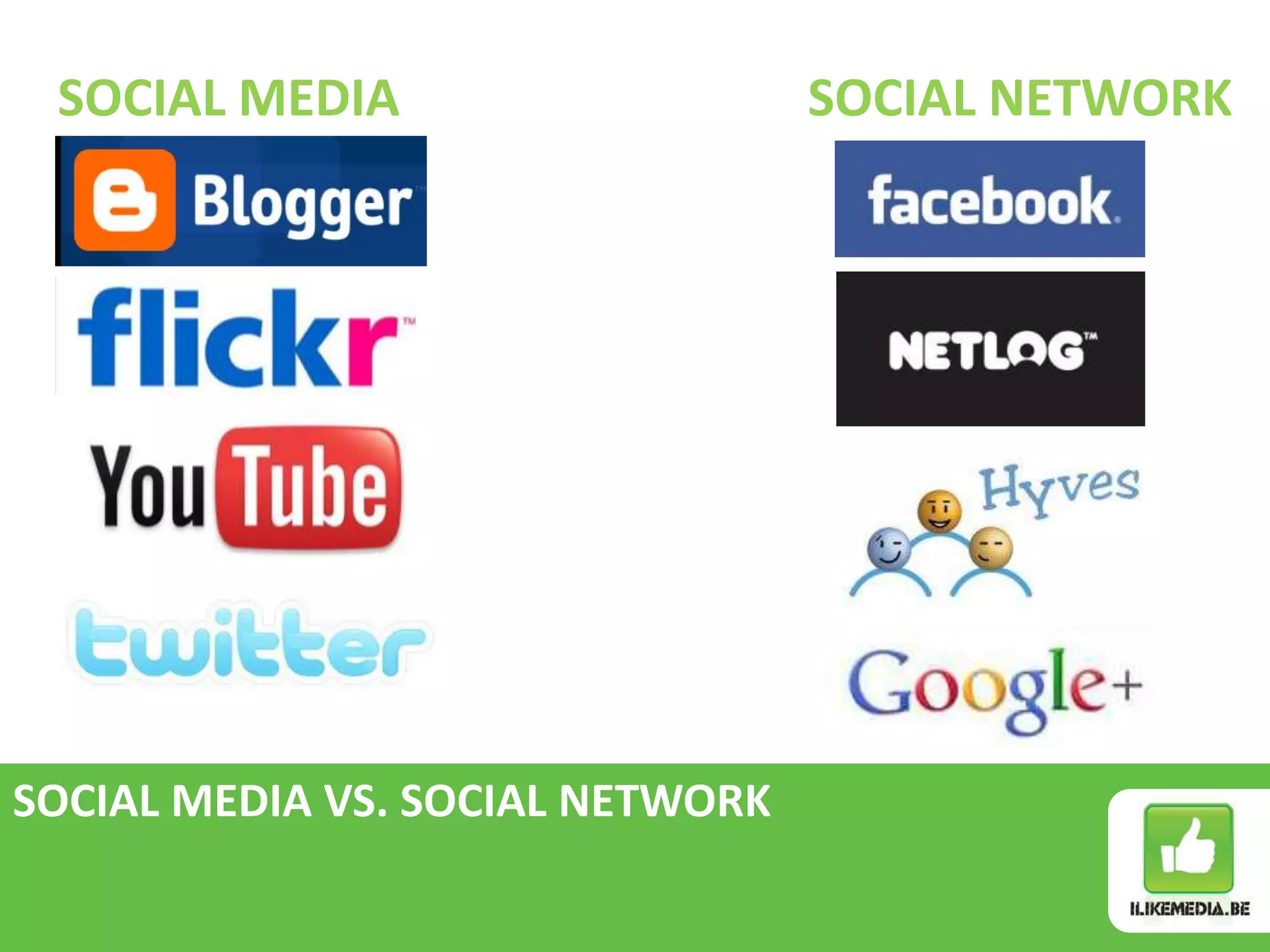 SOCIAL MEDIA                     SOCIAL NETWORK




SOCIAL MEDIA VS. SOCIAL NETWORK
 