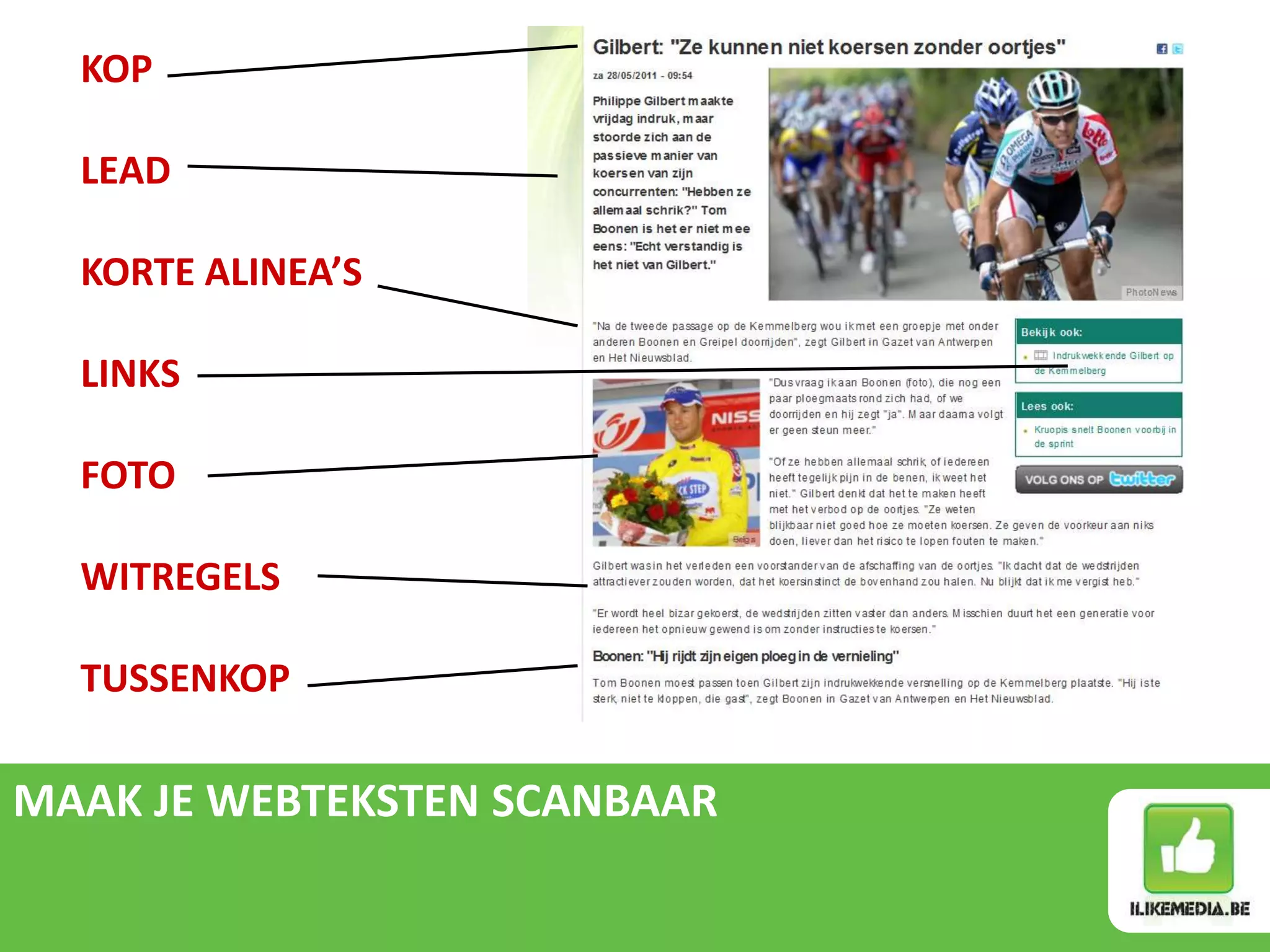 KOP

  LEAD

  KORTE ALINEA’S

  LINKS

  FOTO

  WITREGELS

  TUSSENKOP

MAAK JE WEBTEKSTEN SCANBAAR
 