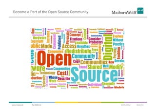 Become a Part of the Open Source Community




www.mwea.de   Kai Wähner                      16.05.2012   Seite 54
 