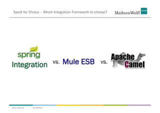 Spoilt for Choice – Which Integration Framework to choose?




Integration                vs.   Mule ESB             vs.




www.mwea.de   Kai Wähner
 
