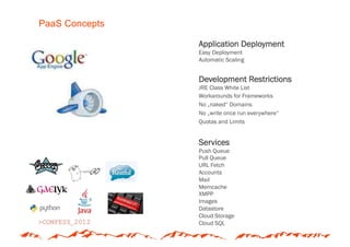 PaaS Concepts

                Application Deployment
                Easy Deployment
                Automatic Scaling


                Development Restrictions
                JRE Class White List
                Workarounds for Frameworks
                No „naked“ Domains
                No „write once run everywhere“
                Quotas and Limits


                Services
                Push Queue
                Pull Queue
                URL Fetch
                Accounts
                Mail
                Memcache
                XMPP
                Images
                Datastore
                Cloud Storage
                Cloud SQL
 