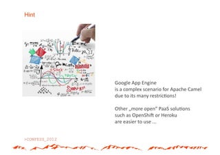 Hint




       Google*App*Engine*
       is*a*complex*scenario*for*Apache*Camel*
       due*to*its*many*restric(ons!*

       Other*„more*open“*PaaS*solu(ons**
       such*as*OpenShid*or*Heroku*
       are*easier*to*use*...*
 
