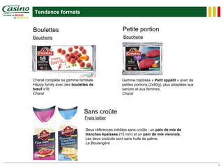 Tendance formats


Boulettes                                         Petite portion
Boucherie                                          Boucherie




Charal complète sa gamme familiale                Gamme baptisée « Petit appétit » avec de
Happy family avec des boulettes de                petites portions (2x80g), plus adaptées aux
bœuf x18.                                         seniors et aux femmes.
Charal                                            Charal




                            Sans croûte
                             Frais laitier

                             Deux références inédites sans croûte : un pain de mie de
                             tranches épaisses (15 mm) et un pain de mie viennois.
                             Les deux produits sont sans huile de palme.
                             La Boulangère




                                                                                                4
 