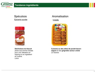 Tendance ingrédients



Spéculoos                    Aromatisation
Epicerie sucrée              Volaille




Déclinaison du biscuit      Cuisses( ou des ailes) de poulet bacon-
phare sous forme d’éclats   oignon et des grignotes saveur créole
pour une utilisation en     Le Gaulois
topping ou en ingrédient
en cuisine.
Lotus




                                                                      6
 