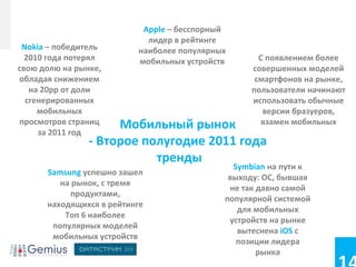 Apple – бесспорный
                            лидер в рейтинге
 Nokia – победитель       наиболее популярных
  2010 года потерял       мобильных устройств      С появлением более
свою долю на рынке,                              совершенных моделей
обладая снижением                                 смартфонов на рынке,
   на 20pp от доли                               пользователи начинают
  сгенерированных                                использовать обычные
     мобильных                                      версии бразуеров,
просмотров страниц
     за 2011 год
                     Мобильный рынок               взамен мобильных

                - Второе полугодие 2011 года
                           тренды
                                              Symbian на пути к
      Samsung успешно зашел
                                             выходу: ОС, бывшая
         на рынок, с тремя
                                             не так давно самой
            продуктами,
                                            популярной системой
      находящихся в рейтинге
                                               для мобильных
          Топ 6 наиболее
                                             устройств на рынке
       популярных моделей
                                               вытеснена iOS с
       мобильных устройств
                                               позиции лидера
                                                    рынка
 