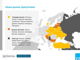 Наши рынки присутствия


    Стандарт рынка: Польша,
    Чехия, Словакия, Венгрия,
    Словения, Турция, Израиль,
    Дания, Украина, Беларусь,
    Молдова

    Валюта De facto: Литва,
    Латвия, Эстония, Болгария,
    Босния, Хорватия

    Start-up: Россия, Сербия,
    MENA (ОАЭ, KSI, Египет,
    Ливан, Иордания, Сирия,
    Кувейт, Марокко, Тунис)
 