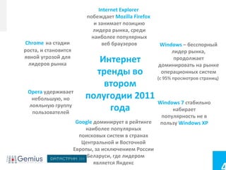 Internet Explorer
                          побеждает Mozilla Firefox
                             и занимает позицию
                            лидера рынка, среди
                            наиболее популярных
Chrome на стадии                веб браузеров         Windows – бесспорный
роста, и становится                                        лидер рынка,
явной угрозой для
  лидеров рынка
                             Интернет                       продолжает
                                                      доминировать на рынке
                            тренды во                  операционных систем
                                         (с 95% просмотров страниц)
                              втором
 Opera удерживает
  небольшую, но           полугодии 2011
                                         Windows 7 стабильно
 лояльную группу
  пользователей
                               года             набирает
                                                      популярность не в
                       Google доминирует в рейтинге   пользу Windows XP
                          наиболее популярных
                        поисковых систем в странах
                         Центральной и Восточной
                      Европы, за исключением России
                         и Беларуси, где лидером
                              является Яндекс
 