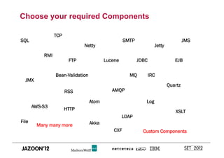 Choose your required Components

                 TCP
SQL                                                 SMTP                             JMS
                              Netty                                 Jetty
           RMI
                        FTP               Lucene           JDBC                EJB

                 Bean-Validation                      MQ          IRC
  JMX
                                                                            Quartz
                       RSS                   AMQP

                                   Atom                       Log
       AWS-S3          HTTP
                                                                               XSLT
                                                   LDAP
File                               Akka
        Many many more
                                              CXF            Custom Components
 