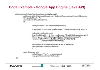 Code Example - Google App Engine (Java API)
   public class GAEJCreateTaskServlet extends HttpServlet {
                public void doGet(HttpServletRequest req, HttpServletResponse resp) throws IOException {
                String strCallResult = "";
                resp.setContentType("text/plain");
                try {

                           String strEmailId = req.getParameter("emailid");

                           if (strEmailId == null) throw new Exception ("Email Id field cannot be empty.");

                           strEmailId = strEmailId.trim();
                           if (strEmailId.length() == 0) throw new Exception("Email Id field cannot be empty.");
                           Queue queue = QueueFactory.getQueue("subscription-queue");
                           queue.add(TaskOptions.Builder.url(“signupsubscriber“)
                                          .param("emailid",strEmailId));

                           strCallResult = "Successfully created a Task in the Queue";
                           resp.getWriter().println(strCallResult);
                           }

               catch (Exception ex) {
                           strCallResult = "Fail: " + ex.getMessage();
                           resp.getWriter().println(strCallResult);
   } }}
 