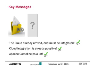 Key Messages




The Cloud already arrived, and must be integrated!
Cloud Integration is already possible!
Apache Camel helps a lot!
 