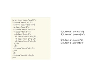 $(‘li.item-a’).closest(‘ul’)
$(‘li.item-a’).parents(‘ul’)

$(‘li.item-a’).closest(‘li’)
$(‘li.item-a’). parents(‘li’)
 