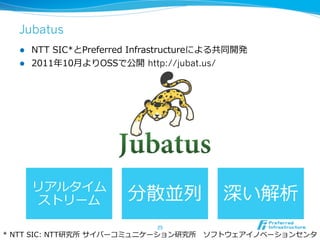 Jubatus
25	
リアルタイム  
ストリーム 分散並列列 深い解析
l  NTT  SIC*とPreferred  Infrastructureによる共同開発
l  2011年年10⽉月よりOSSで公開  http://jubat.us/
*  NTT  SIC:  NTT研究所  サイバーコミュニケーション研究所 　ソフトウェアイノベーションセンタ
 