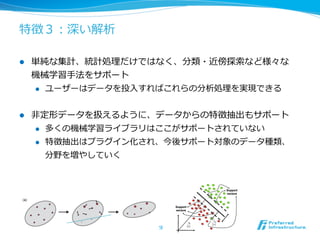 特徴３：深い解析
l  単純な集計、統計処理理だけではなく、分類・近傍探索索など様々な
機械学習⼿手法をサポート
l  ユーザーはデータを投⼊入すればこれらの分析処理理を実現できる
l  ⾮非定形データを扱えるように、データからの特徴抽出もサポート
l  多くの機械学習ライブラリはここがサポートされていない
l  特徴抽出はプラグイン化され、今後サポート対象のデータ種類、
分野を増やしていく
28	
 