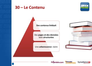 30 – Le Contenu
Des contenus linkbait
Des pages et des données
bien structurées
Une arborescence claire
 