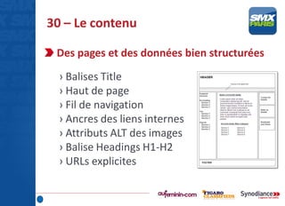 30 – Le contenu
Des pages et des données bien structurées
› Balises Title
› Haut de page
› Fil de navigation
› Ancres des liens internes
› Attributs ALT des images
› Balise Headings H1-H2
› URLs explicites
 