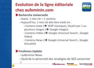 Evolution de la ligne éditoriale
chez aufeminin.com
Recherche Universelle
› Avant, 1 mot clé = 1 contenu
› Aujourd’hui, 1 mot clé doit être traité en :
› Contenu texte ( SERP classique), illustré par 1 ou
plusieurs images ( Google Images)
› Contenu Vidéo ( Google Universal Search ; Google
Vidéo)
› Contenu News ( Google Universal Search ; Google
Actualité)
Freshness Update
› aufeminin News
› Quid de la pérennité des stratégies de SEO saisonnier
?
 