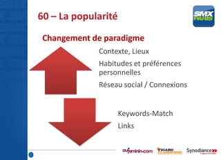 Changement de paradigme
Contexte, Lieux
Habitudes et préférences
personnelles
Réseau social / Connexions
Keywords-Match
Links
60 – La popularité
 