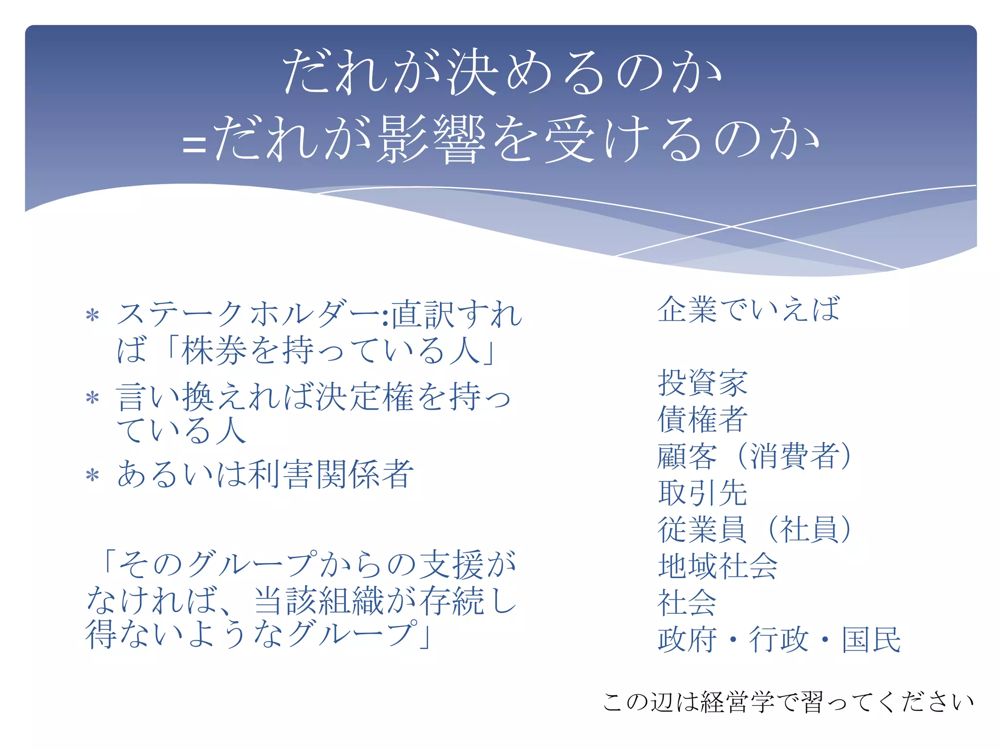 だれが決めるのか
  =だれが影響を受けるのか


ステークホルダー:直訳すれ     企業でいえば
ば「株券を持っている人」
言い換えれば決定権を持っ      投資家
ている人              債権者
                  顧客（消費者）
あるいは利害関係者
                  取引先
                  従業員（社員）
「そのグループからの支援が     地域社会
なければ、当該組織が存続し     社会
得ないようなグループ」       政府・行政・国民
                この辺は経営学で習ってください
 