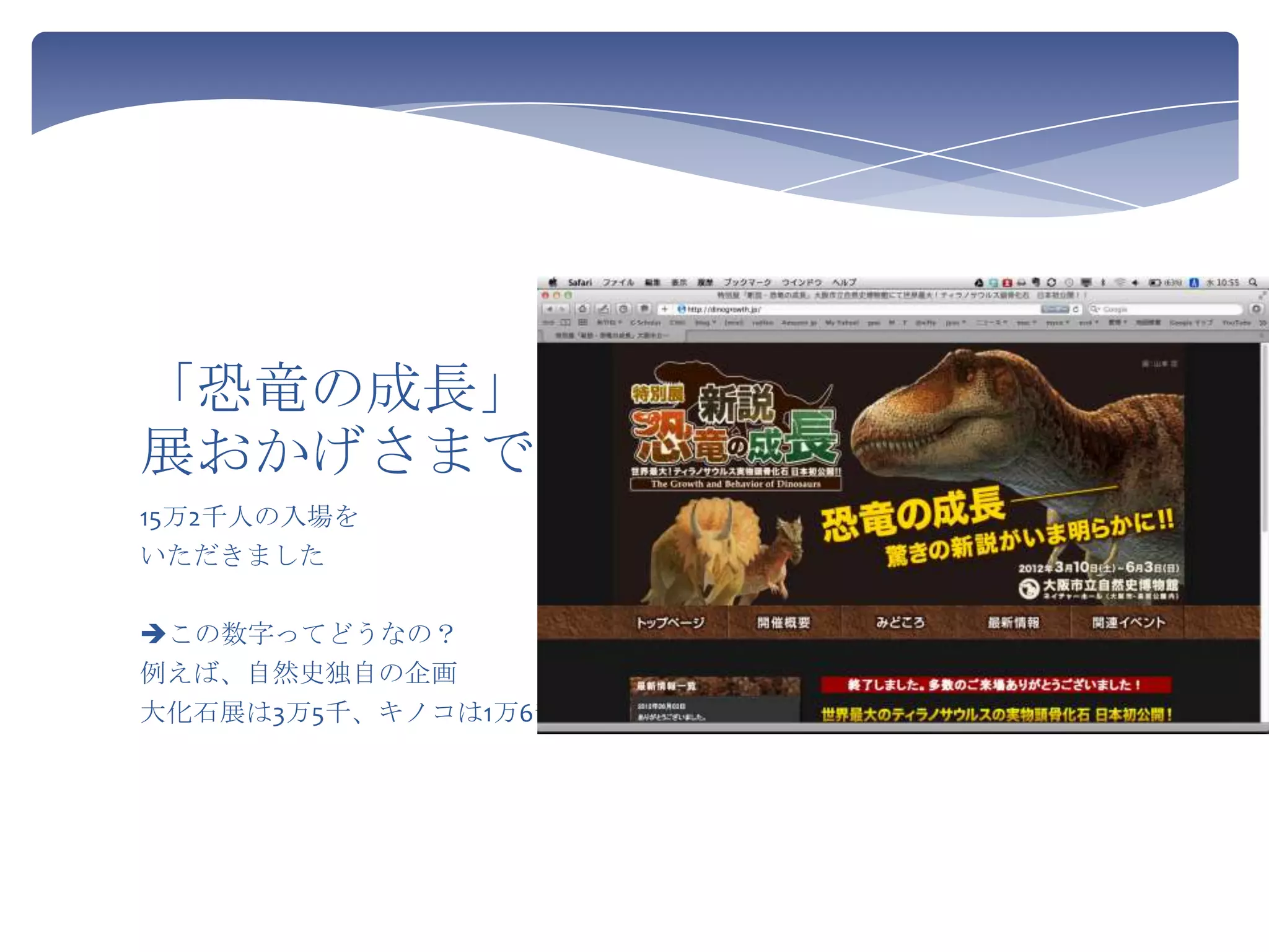 「恐竜の成長」
展おかげさまで
15万2千人の入場を
いただきました

この数字ってどうなの？
例えば、自然史独自の企画
大化石展は3万5千、キノコは1万6千
 