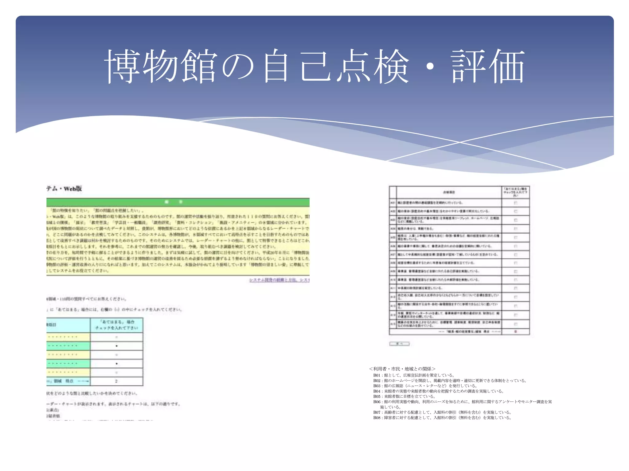 博物館の自己点検・評価

               図− １ 点検シート− 「館長・館の経営責任」領域の例−




      ＜利用者・市民・地域との関係＞
       B01：館として、広報宣伝計画を策定している。
       B02：館のホームページを開設し、掲載内容を適時・適切に更新できる体制をとっている。
       B03：館の広報誌（ニュース・レターなど）を発行している。
       B04：来館者の実態や来館者数の動向を把握するための調査を実施している。
       B05：来館者数に目標を立てている。
       B06：館の利用実態や動向、利用のニーズを知るために、館利用に関するアンケートやモニター調査を実
          施している。
       B07：高齢者に対する配慮として、入館料の割引（無料を含む）を実施している。
       B08：障害者に対する配慮として、入館料の割引（無料を含む）を実施している。
       B09：「友の会」を設置している。
       B10：「ボランティア制度」を導入している。
       B11：サークル、ＮＰＯなどと関わるなかで、市民が館の事業に参画する機会を設けている。
       B12： 物館協議会」などを通じて市民に、館の運営に参画してもらっている。
           「博
       B13：地域と連携するための方針・計画を、館として策定している。
       B14：地元の企業・団体（商工会、商工会議所など）と協賛・協力し、事業を実施している。
 