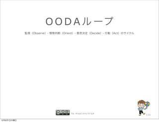 O O D A ル ープ
             監視（Observe）- 情勢判断（Orient）- 意思決定（Decide）- 行動（Act）のサイクル




                                   by mapconcierge
                                                                     134

12年6月7日木曜日
 