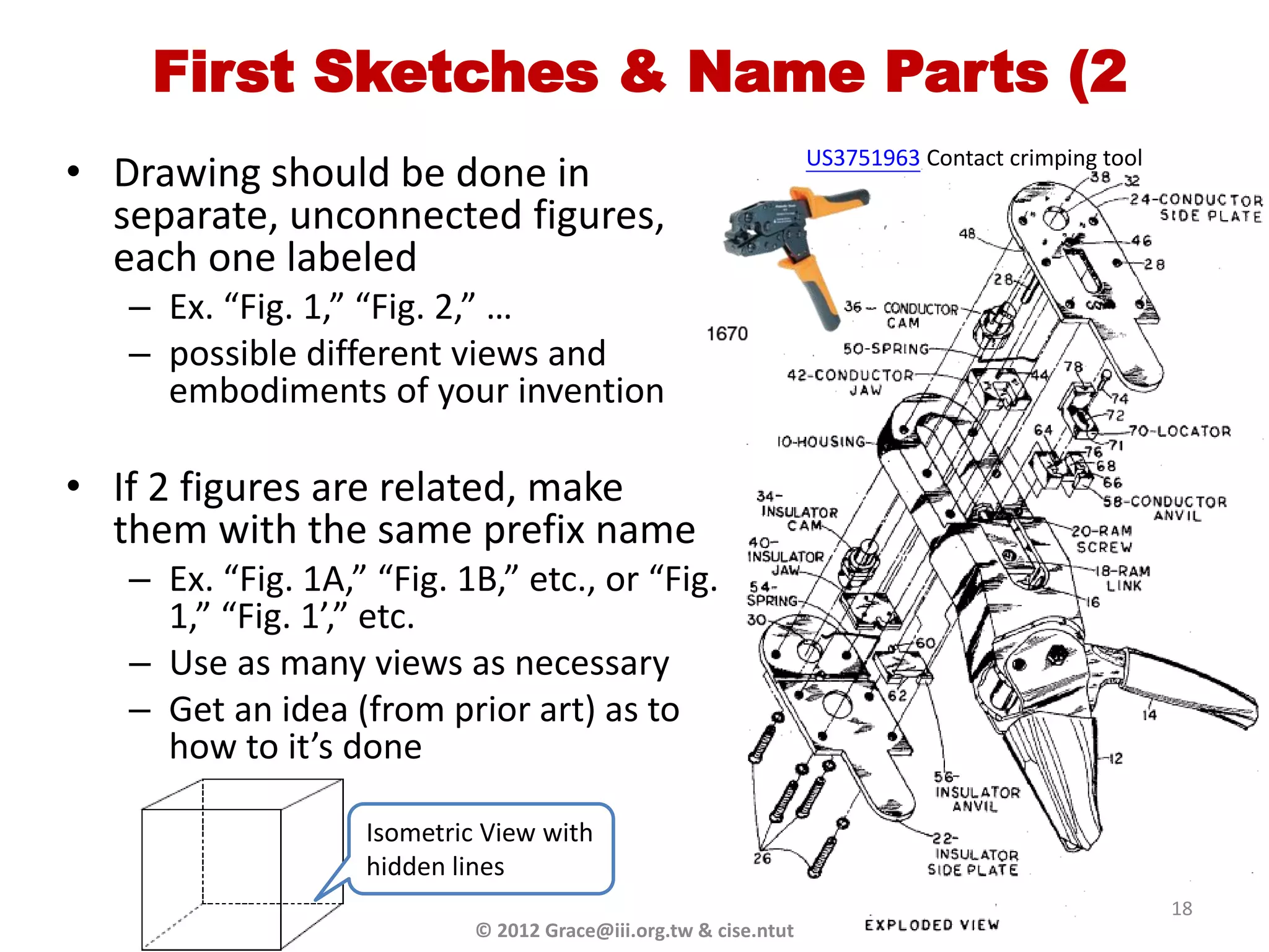 First Sketches & Name Parts (2
• Drawing should be done in                                       US3751963 Contact crimping tool

  separate, unconnected figures,
  each one labeled
   – Ex. “Fig. 1,” “Fig. 2,” …
   – possible different views and
     embodiments of your invention

• If 2 figures are related, make
  them with the same prefix name
   – Ex. “Fig. 1A,” “Fig. 1B,” etc., or “Fig.
     1,” “Fig. 1’,” etc.
   – Use as many views as necessary
   – Get an idea (from prior art) as to
     how to it’s done

                   Isometric View with
                   hidden lines
                                                                                                    18
                            © 2012 Grace@iii.org.tw & cise.ntut
 