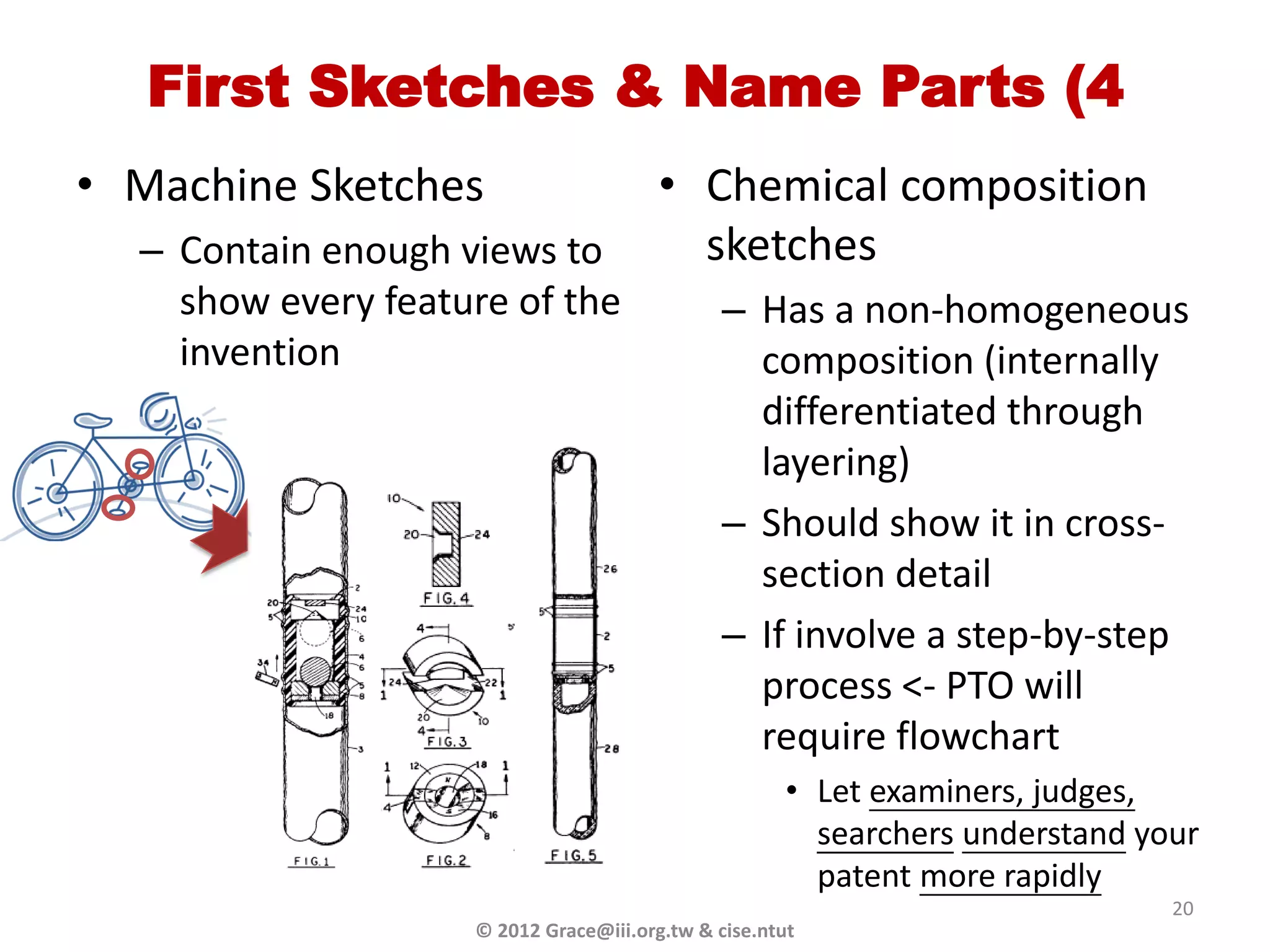 First Sketches & Name Parts (4
• Machine Sketches                      • Chemical composition
  – Contain enough views to               sketches
    show every feature of the                  – Has a non-homogeneous
    invention                                    composition (internally
                                                 differentiated through
                                                 layering)
                                               – Should show it in cross-
                                                 section detail
                                               – If involve a step-by-step
                                                 process <- PTO will
                                                 require flowchart
                                                      • Let examiners, judges,
                                                        searchers understand your
                                                        patent more rapidly
                                                                               20
                    © 2012 Grace@iii.org.tw & cise.ntut
 