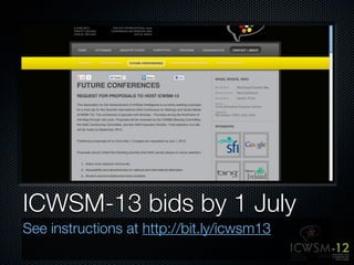 ICWSM-13 bids by 1 July
See instructions at http://bit.ly/icwsm13
 