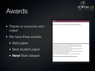 Awards

Thanks to everyone who
voted!
We have three awards:
  Best paper
  Best student paper
  New! Best dataset
 
