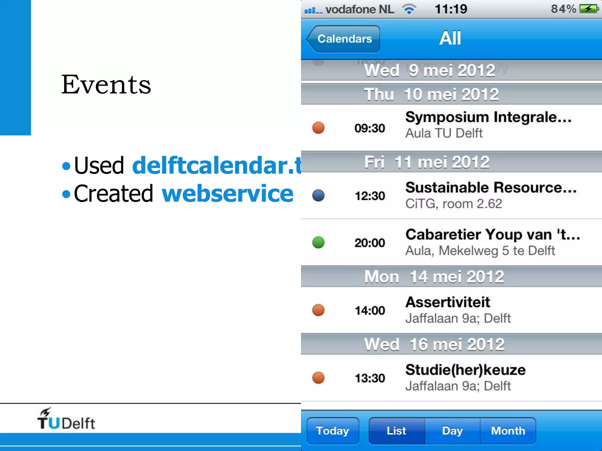Events

•Used delftcalendar.tudelft.nl
•Created webservice




                            TU Delft goes Mobile   21
 