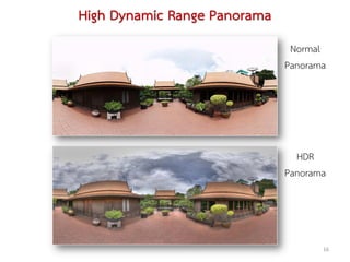 High Dynamic Range Panorama
                               Normal
                              Panorama




                                HDR
                              Panorama




                                     16
 