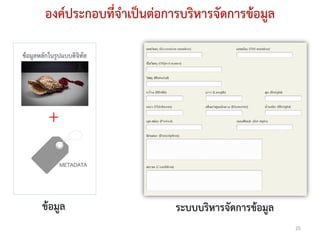 องค์ประกอบที่จาเป็นต่อการบริหารจัดการข้อมูล

ข้อมูลหลักในรูปแบบดิจิทัล




          +
              METADATA




       ข้อมูล                   ระบบบริหารจัดการข้อมูล
                                                         25
 
