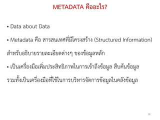 METADATA คืออะไร?

• Data about Data
• Metadata คือ สารสนเทศที่มีโครงสร้าง (Structured Information)
สาหรับอธิบายรายละเอียดต่างๆ ของข้อมูลหลัก
• เป็นเครื่องมือเพิ่มประสิทธิภาพในการเข้าถึงข้อมูล สืบค้นข้อมูล
รวมทั้งเป็นเครื่องมือที่ใช้ในการบริหารจัดการข้อมูลในคลังข้อมูล



                                                                  28
 