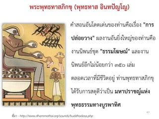 พระพุทธทาสภิกขุ (พุทธทาส อินทปัญโญ)
                                       คาสอนอันโดดเด่นของท่านคือเรื่อง "การ
                                        ปล่อยวาง" ผลงานอันยิ่งใหญ่ของท่านคือ
                                        งานนิพนธ์ชุด "ธรรมโฆษณ์" และงาน
                                        นิพนธ์อีกไม่น้อยกว่า ๓๕๐ เล่ม
                                        ตลอดเวลาที่มีชีวิตอยู่ ท่านพุทธทาสภิกขุ
                                        ได้รับการสดุดีว่าเป็น มหาปราชญ์แห่ง
                                        พุทธธรรมทางบูรพาทิศ
                                                                           67
ที่มา - http://www.dhammathai.org/sounds/buddhadasa.php
 