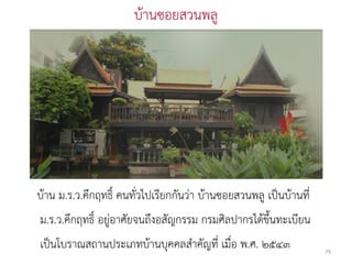 บ้านซอยสวนพลู




บ้าน ม.ร.ว.คึกฤทธิ์ คนทั่วไปเรียกกันว่า บ้านซอยสวนพลู เป็นบ้านที่
ม.ร.ว.คึกฤทธิ์ อยู่อาศัยจนถึงอสัญกรรม กรมศิลปากรได้ขึ้นทะเบียน
เป็นโบราณสถานประเภทบ้านบุคคลสาคัญที่ เมื่อ พ.ศ. ๒๕๔๓                79
 