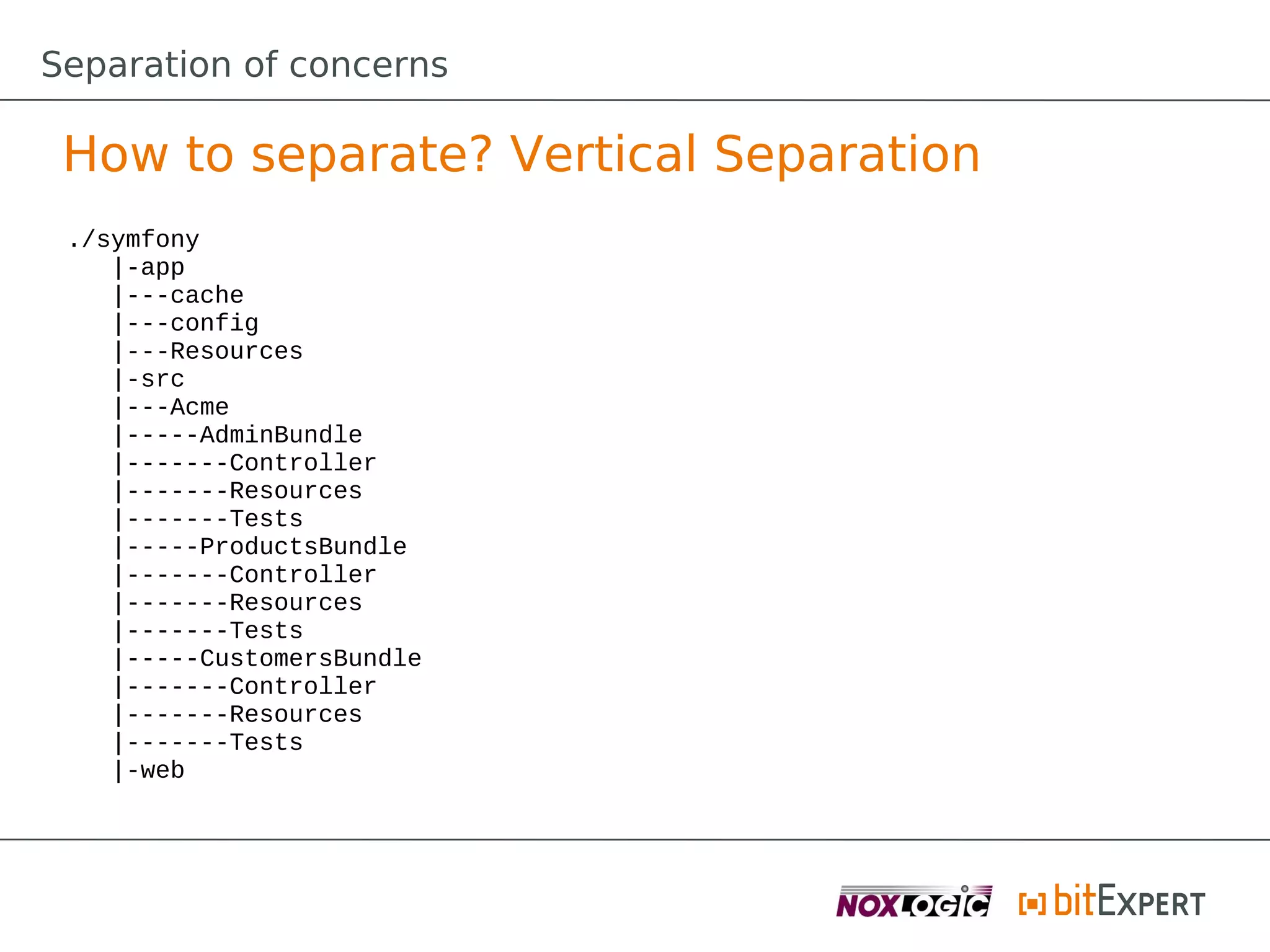 Separation of concerns

 How to separate? Vertical Separation
 ./symfony
    |-app
    |---cache
    |---config
    |---Resources
    |-src
    |---Acme
    |-----AdminBundle
    |-------Controller
    |-------Resources
    |-------Tests
    |-----ProductsBundle
    |-------Controller
    |-------Resources
    |-------Tests
    |-----CustomersBundle
    |-------Controller
    |-------Resources
    |-------Tests
    |-web
 