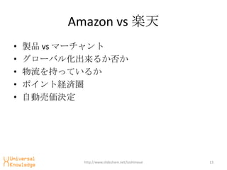 Amazon vs S
?   uƷ vs ީ`
?   `Х뻯뤫
?   ֤äƤ뤫
?   ݥȽUg
?   ԄӉӁQ




           http://www.slideshare.net/toshiinoue   13
 