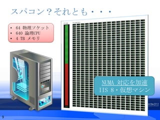 スパコン？それとも・・・
    • 64 物理ソケット
    • 640 論理CPU
    • 4 TB メモリ




                   NUMA 対応を加速
                  IIS 8・仮想マシン



9
 