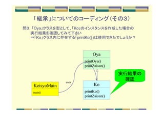 「継承」についてのコーディング（その３）
問３．「Oya」クラスを型として、「Ko」のインスタンスを作成した場合の
　　　実行結果を確認してみて下さい
　　　⇒「Ko」クラス内に存在する「printKo()」は使用できたでしょうか？



                            Oya
                       printOya()
                       printZaisan()

                                       実行結果の
                                        確認
                uses
   KeisyoMain               Ko
   main()              printKo()
                       printZaisan()
 
