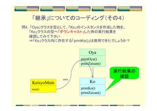 「継承」についてのコーディング（その４）
問4．「Oya」クラスを型として、「Ko」のインスタンスを作成した物を、
　　　「Ko」クラスの型へ「ダウンキャスト」した時の実行結果を
　　　確認してみて下さい
　　　⇒「Ko」クラス内に存在する「printKo()」は使用できたでしょうか？


                            Oya
                       printOya()
                       printZaisan()

                                       実行結果の
                                        確認
                uses
   KeisyoMain               Ko
   main()              printKo()
                       printZaisan()
 