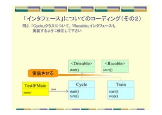 「インタフェース」についてのコーディング（その２）
問２．「Cycle」クラスについて、「Racable」インタフェースも
　　　　実装するように修正して下さい




                    <Drivable>    <Racable>
                    start()      start()
         実装させる

TestIFMain              Cycle              Train
             uses
main()              start()          start()
                    turn()           stop()
 