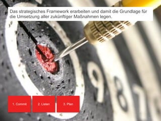 Das strategisches Framework erarbeiten und damit die Grundlage für
 die Umsetzung aller zukünftiger Maßnahmen legen.




    1. Commit                2. Listen   3. Plan



© orange8 interactive ag, 2010                                        3349
                                                                      51
 