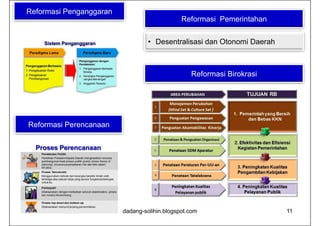 Reformasi Penganggaran
                                              Reformasi Pemerintahan


                                  • Desentralisasi dan Otonomi Daerah



                                                 Reformasi Birokrasi




Reformasi Perencanaan




                         dadang-solihin.blogspot.com                    11
 
