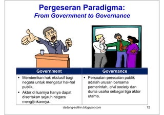 Pergeseran Paradigma:
        From Government to Governance




          Government                                  Governance
 M b ik h k ekslusif b i
  Memberikan hak k l if bagi           P
                                        Persoalan-persoalan publik
                                               l           l     blik
  negara untuk mengatur hal-hal         adalah urusan bersama
  publik,                               pemerintah, civil society dan
 Aktor di luarnya hanya dapat          dunia usaha sebagai tiga aktor
  disertakan sejauh negara              utama.
  mengijinkannya.
  mengijinkannya
                        dadang-solihin.blogspot.com                      12
 