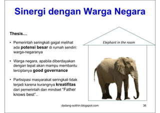 Sinergi dengan Warga Negara

Thesis…

• Pemerintah seringkali gagal melihat                        Elephant in the room
  ada potensi besar di rumah sendiri:
  warga-negaranya

• Warga negara, apabila diberdayakan
       g    g , p              y
  dengan tepat akan mampu membantu
  terciptanya good governance

• Partisipasi masyarakat seringkali tidak
  terjadi karena kurangnya kreatifitas
  dari pemerintah dan mindset ““Father
  knows best”..

                               dadang-solihin.blogspot.com                          36
 