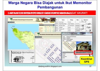 Warga Negara Bisa Diajak untuk Ikut Memonitor
               Pembangunan
…MENJADI SISTEM INFORMASIYANG KONVENSIONAL...
DARI SISTEM INVENTORI ASET GEOGRAFIS YANG SANGAT AKURAT!




                                                   Koordinat
                                                     GPS
                     dadang-solihin.blogspot.com           37
 