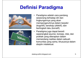 Definisi Paradigma
      • Paradigma adalah cara pandang
        seseorang terhadap diri dan
        lingkungannya yang akan
        mempengaruhinya dalam berpikir
        (kognitif),
        (kognitif) bersikap (afektif) dan
                            (afektif),
        bertingkah laku (konatif).
      • Paradigma j g dapat berarti
                g     juga p
        seperangkat asumsi, konsep, nilai, dan
        praktek yang diterapkan dalam
        memandang realitas d l
                 d        lit dalam sebuah
                                      b h
        komunitas yang sama, khususnya dalam
        disiplin intelektual.
            p



    dadang-solihin.blogspot.com              5
 