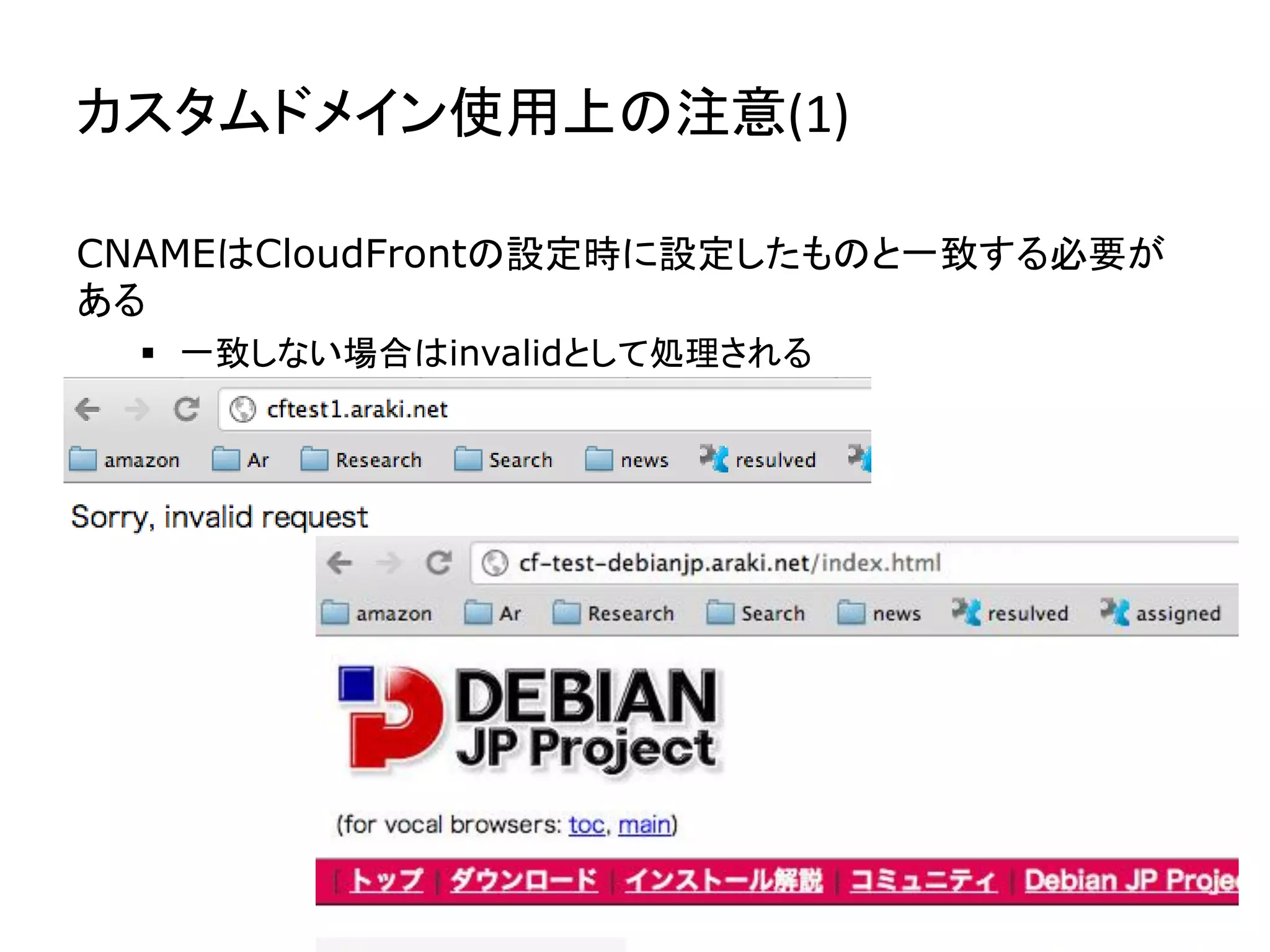 カスタムドメイン使用上の注意(1)

CNAMEはCloudFrontの設定時に設定したものと一致する必要が
ある
   一致しない場合はinvalidとして処理される
 