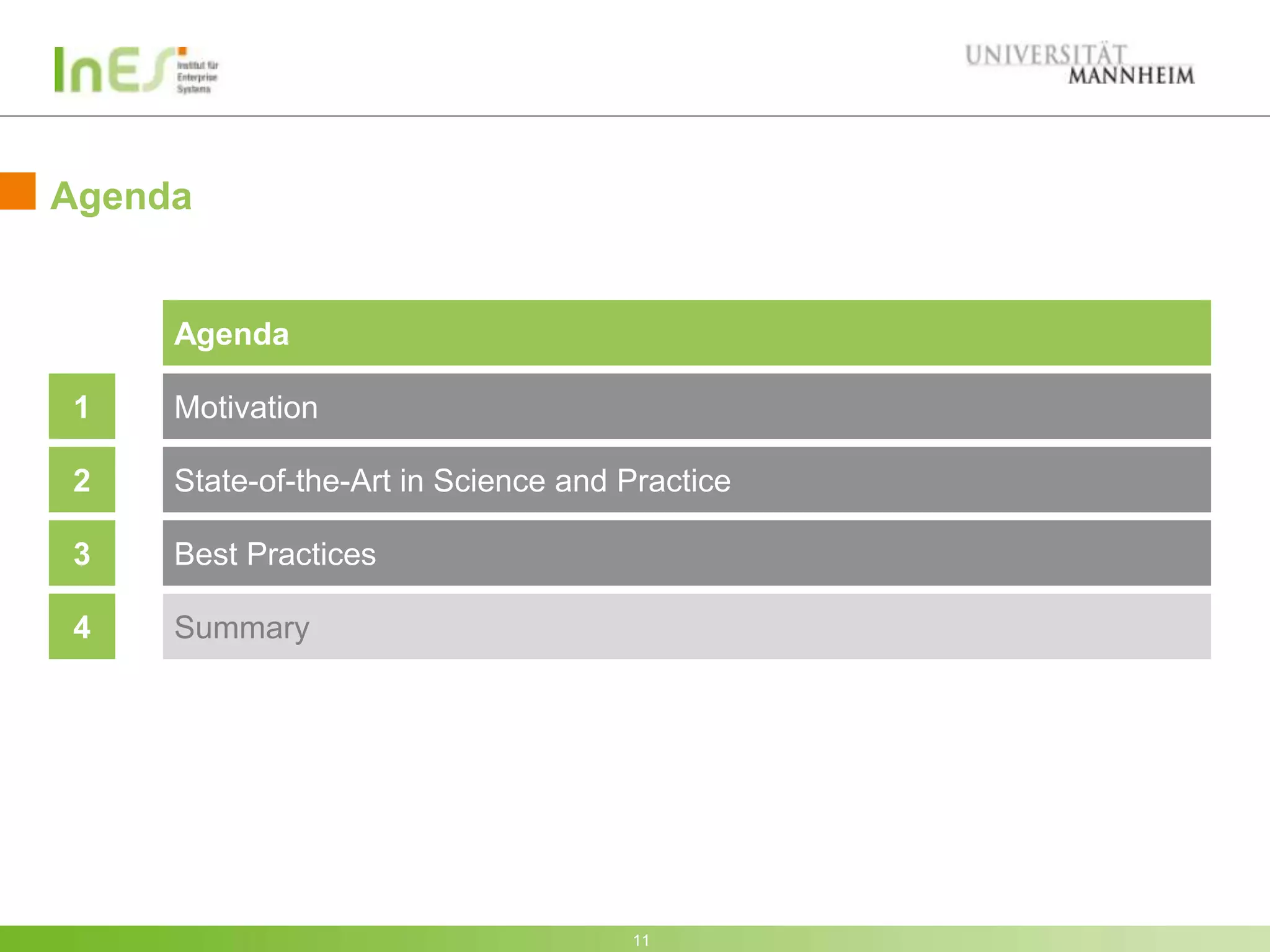 Agenda


     Agenda

1    Motivation

2    State-of-the-Art in Science and Practice

3    Best Practices

4    Summary




                                     11
 