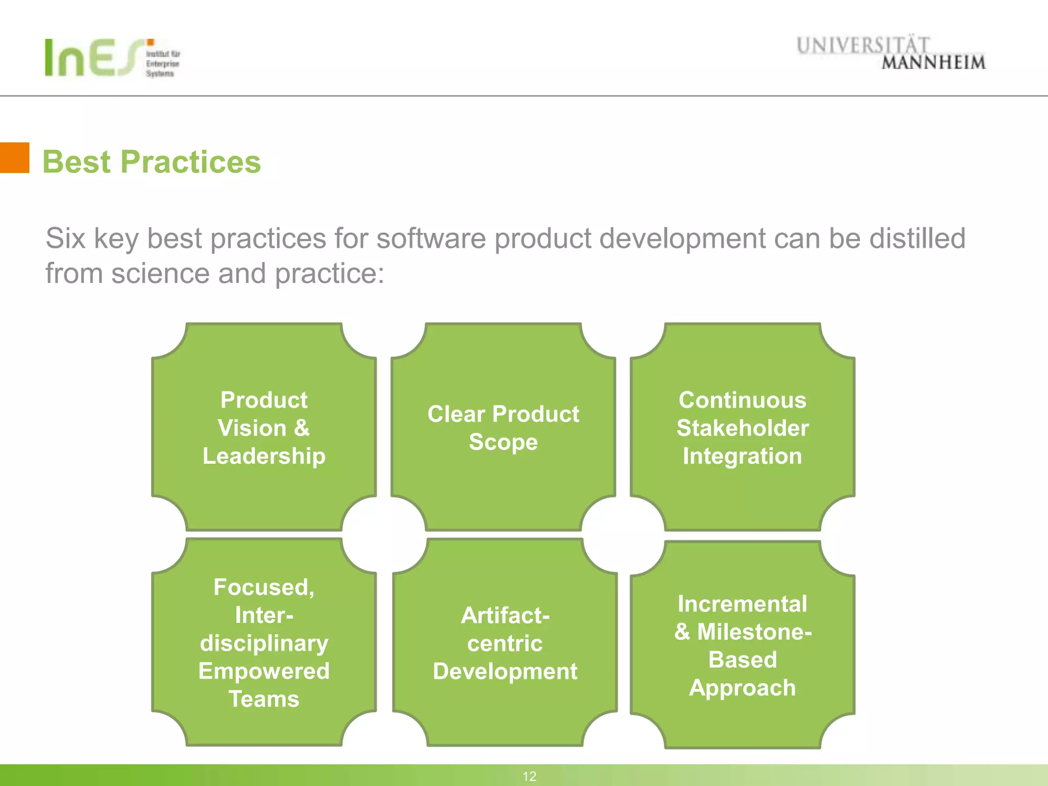 Best Practices

Six key best practices for software product development can be distilled
from science and practice:



             Product                             Continuous
                             Clear Product
             Vision &                            Stakeholder
                                Scope
            Leadership                           Integration




            Focused,
               Inter-           Artifact-        Incremental
           disciplinary         centric          & Milestone-
           Empowered          Development           Based
              Teams                               Approach


                                     12
 